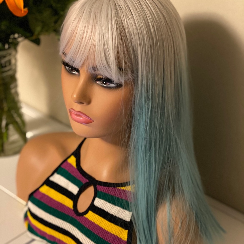 Silver to blue ombré bang straight wig - Picture 1 of 10